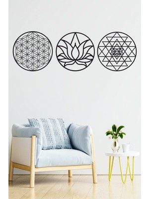 Kutsal Geometri 3'l Ü Set Sri Yantra, Lotus Çiçeği, Yaşam Çiçeği Duvar Dekoru, Tablo