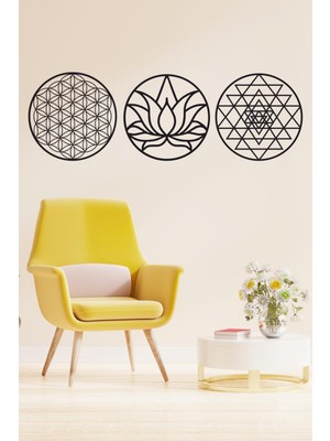 Kutsal Geometri 3'l Ü Set Sri Yantra, Lotus Çiçeği, Yaşam Çiçeği Duvar Dekoru, Tablo