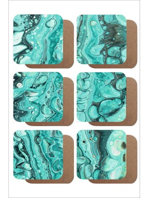 Yeşil Ebruli Mermer Temalı 6'lı Ahşap Bardak Altlığı Seti