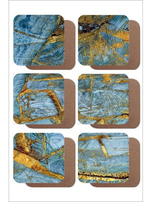 UNT Blue / Gold Mermer Temalı 6'lı Ahşap Bardak Altlığı Seti