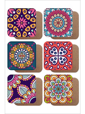 Mandala Temalı Vintage 6'lı Ahşap Bardak Altlığı Seti