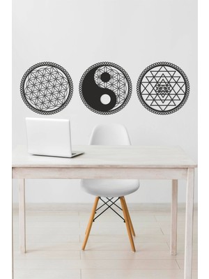 Yaşam Çiçeği, Yin Yang ve Sri Yantra 3'lü Set Duvar Dekoru Tablo Seti