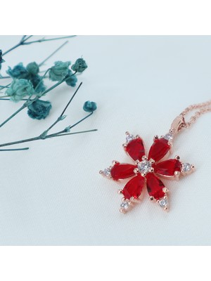 Neva Jewelry 925 Ayar Favori Kırmızı Lotus Çiçeği Modelli Gümüş Kolye