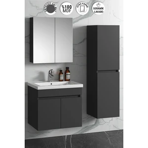 Aynalı Boy Dolaplı Banyo Dolabı Takımı 65+35 cm Seramik Lavabolu Komple Mdf