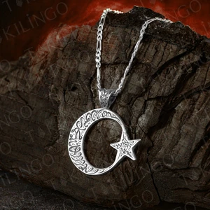 925 Ayar Gümüş Kelime-I Tevhid Yazılı Ayyıldız Model Figaro Zincirli Erkek Kolye