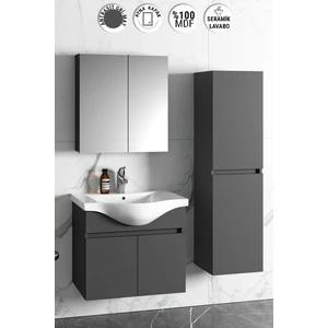 Yıldız 65+35 cm Antrasit Gri Mat Mdf Seramik Lavabolu Sepetli Asma Banyo Dolabı Takımı