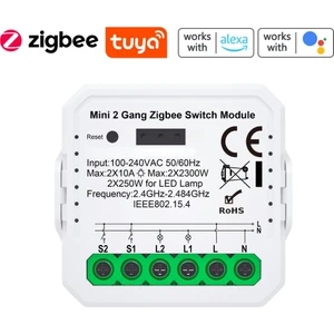 Tuya Uyumlu Zigbee Çift Çıkışlı Akıllı Anahtar (10A - 220V Röle) Anahtar Girişli, Google Asistan, Alexa Home Assistant Zigbee2MQTT ZHA Destekli Switch