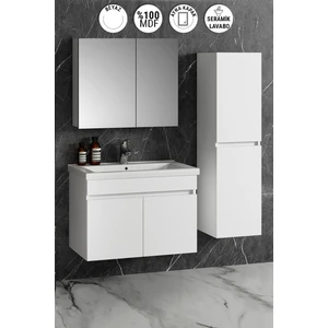 Aynalı Boy Dolaplı Banyo Dolabı Takımı 80+35 cm Komple Mdf ve Seramik Lavabolu