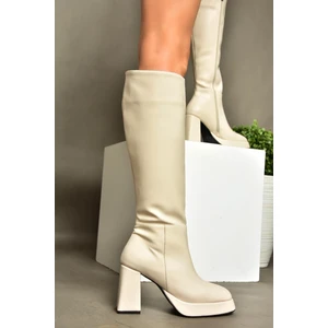 R282230109 Bej Platform Kalın Topuklu Kadın Çizme