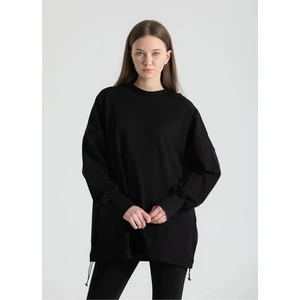 Siyah Belden Büzmeli Pamuk Düşük Omuz Bohem Oversize Sweat 2204