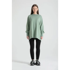 Yeşil Belden Büzmeli Pamuk Düşük Omuz Bohem Oversize Sweat 2204