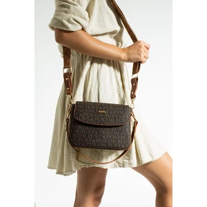 Just Polo Kadın Kahverengi Taba Baskı Desenli Kolon Askılı 3 Bölmeli Omuz Çantası 23X16CM MDS2184