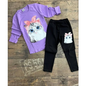 Kız Çocuk Kedi Baskılı Uzun Kollu Taytlı Ikili Takım