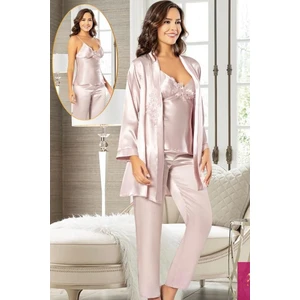 2103 Kadın Saten Sabahlıklı Pijama Takım-Pudra