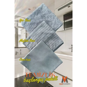 ( 3 Adet ) Temizlik Başlangıç Seti Cam Bezi , Mutfak Bezi , Yer Temizlik Bezi 40 *40 cm
