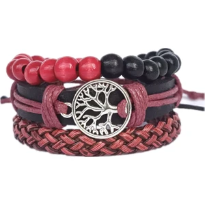 BSN Store Yaşam Ağacı Figürlü Doğal Ahşap Boncuklu El Yapımı 3'lü Hakiki Deri Bileklik