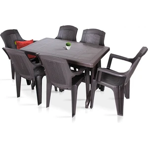 Plastik Masa Takımı 80X140 Katlanır Masa 6 Kişilik Sandalye Bahçe Balkon Teras Masa Takımı Kahverengi