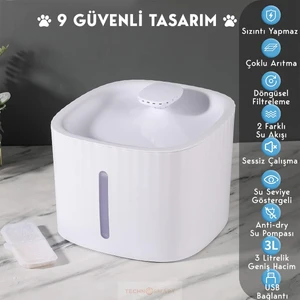 Kedi Köpek Su Çeşmesi Su Pınarı Kabı 3 Lt. Seviye Göstergeli 2 Farklı Su Akışlı