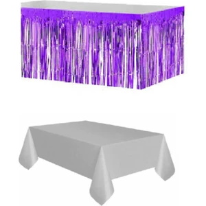 Plastik Gümüş Masa Örtüsü - Mor Metalize Masa Eteği Püskülü