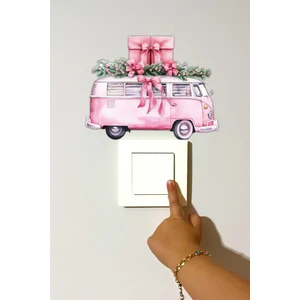 Yeni Yıl Vintage Pembe Minibüs Yılbaşı Kış Konseptli Sticker Yılbaşı Süsü Noel Kış Konseptli Priz