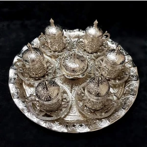 Bakır Center 6 Kişilik Gümüş - Bakır Osmanlı Desenli Türk Kahvesi Fincan Takımı - Tepsi Lokumluk Fincan Seti