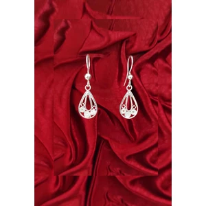 Gümüş Telkari Küpe Beyaz Sallantılı Kadın Küpesi Modeli  KUPE-190