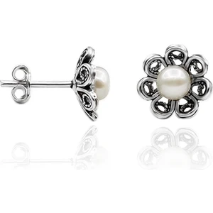 İncili Telkari Gümüş Küpe Vidalı Kadın Küpesi 925 Ayar KUPE-279