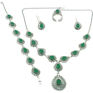 Kök Zümrüt Taşlı Telkari Gümüş Takım Kolye Bileklik Küpe Üçlü Set TKM-206