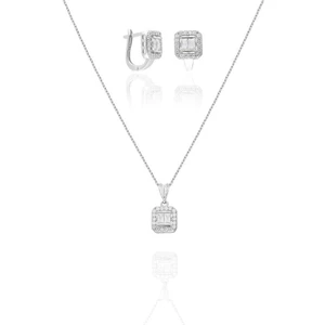 Baget Taşlı Gümüş Set Kadın Klipsli Küpe ve Kolye Takım  SET-379