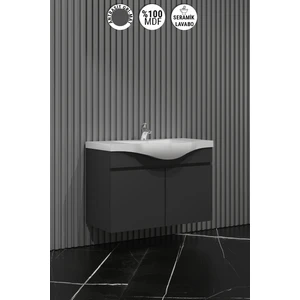 Yıldız 75 cm Antrasit Gri Mat Mdf Seramik Lavabolu Asma Banyo Alt Dolabı
