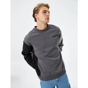 Bisiklet Yaka Sweatshirt Renk Bloklu Slogan Işlemeli Ribanalı