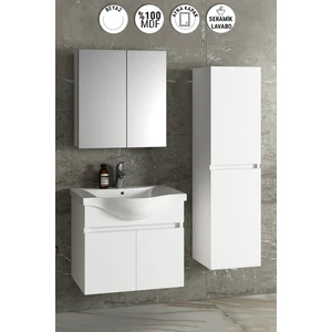 Yıldız 65+35 cm Beyaz Mdf Seramik Lavabolu Sepetli Asma Banyo Dolabı Takımı