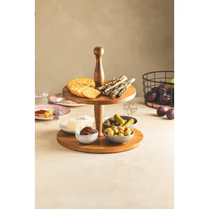 Justwood 2 Katlı Düz Tabaklı Ahşap Kek Pasta Sunumluk Standı, Servis Sunum Tabağı, Ikramlık