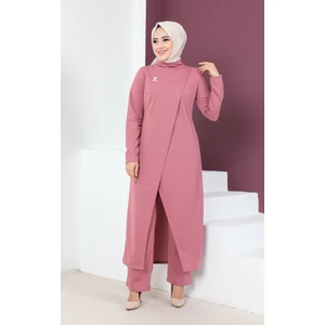 Broşlu Asimetrik Kesim İkili Takım-3132 Gülkurusu