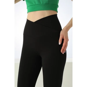 Black Deer Çapraz Kemer Yüksek Bel Toparlayıcı Sıkılaştırıcı Dalgıç Kumaş Günlük Spor Kadın Tayt Siyah