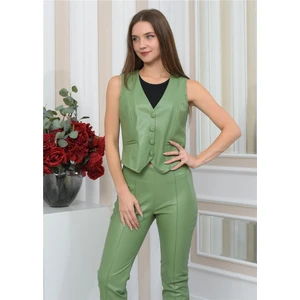 Kadın Yeni Sezon Içi Süet Deri Pantolon&yelek Suyeşili