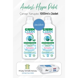Green Clean Sensitive Yumuşatıcı 1 Lt x 2 Adet ve Çamaşır Sulu Temizlik Havlusu 100' Lü