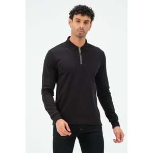 Siyah  Fermuarlı Uzun Kollu Regular Fit Erkek Polo Yaka T-Shirt