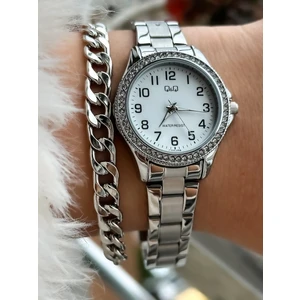 Çelik Kordon,sugeçirmez,2yıl Garantili Gümüş Renk Küçük Kasa Taşlı Kadın Kolsaati+Bileklik