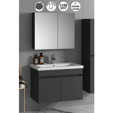 Özceden Çiğdem 80 cm Antrasit Gri Mat Mdf Seramik Lavabolu Asma Banyo Dolabı