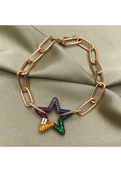 Renkli Taşlı Yıldız Ataç Zincir Rose Gold Renk Apm Monaco Kadın Gümüş Bileklik modelleri
