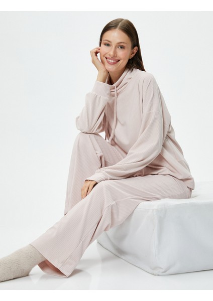 Boğazlı Bağlamalı Pijama Üst Kaşkorse Yumuşak Dokulu Uzun Kollu