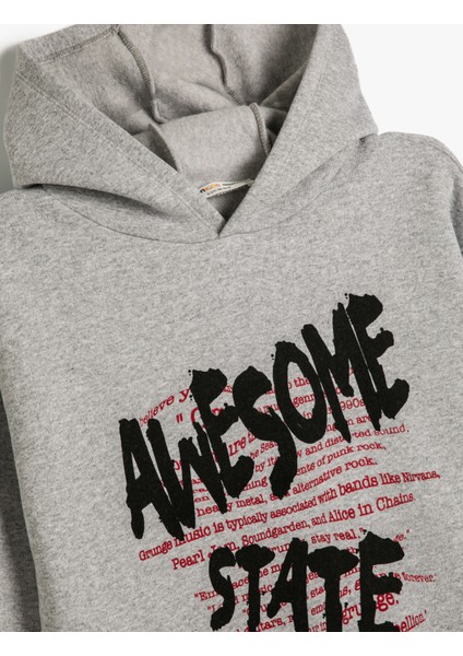 Kapşonlu Sweatshirt Slogan Baskılı Uzun Kollu Şardonlu