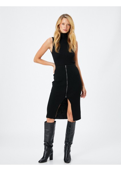 Midi Triko Etek Yırtmaçlı Önden Fermuarlı