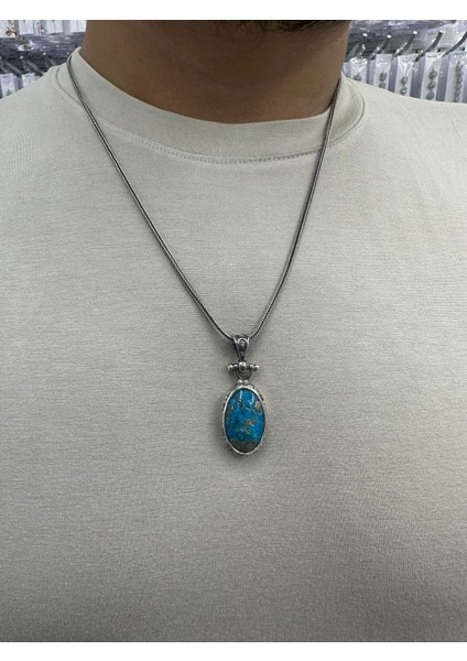 925 Ayar Gümüş Orijinal Turkuaz Firuze Taşlı Büyük Tasarım Erkek Kolye modelleri