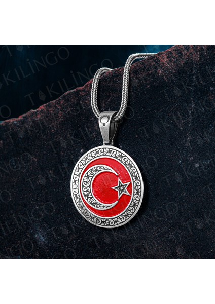 925 Ayar Gümüş Granür Işlemeli Kırmızı Ayyıldız Model Erkek Kolye