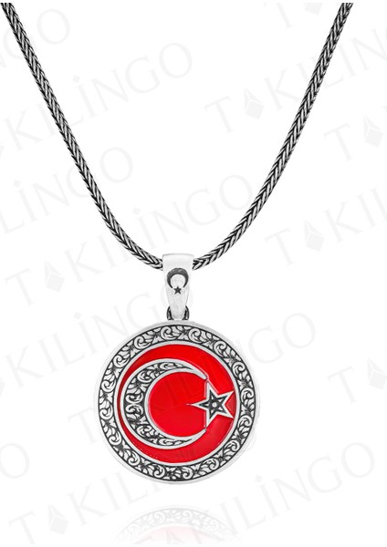 925 Ayar Gümüş Granür Işlemeli Kırmızı Ayyıldız Model Erkek Kolye
