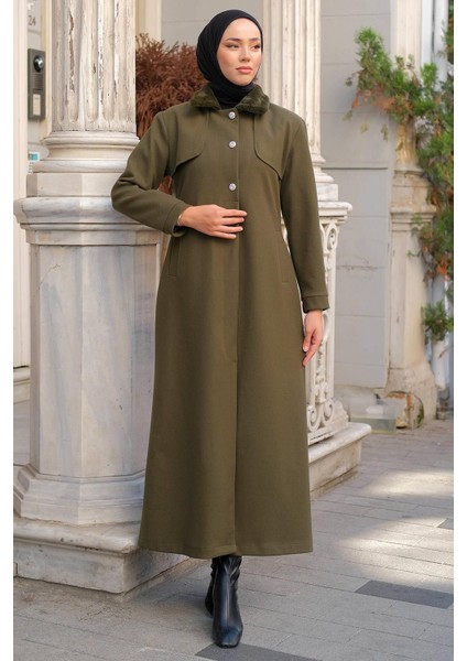 Yakası Kürklü Uzun Kaşe Kaban Haki HM2298