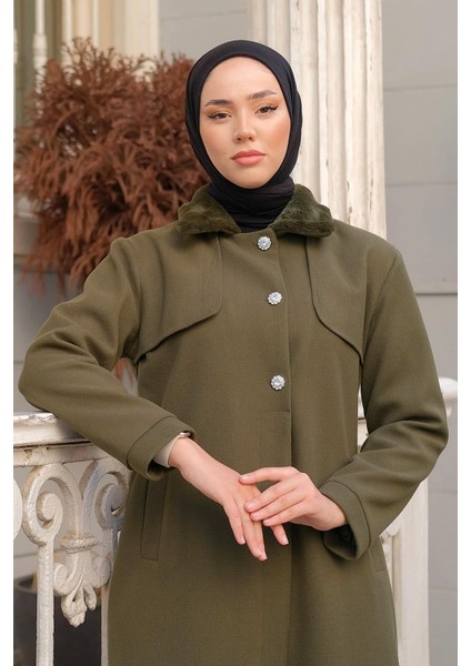 Yakası Kürklü Uzun Kaşe Kaban Haki HM2298