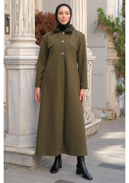 Yakası Kürklü Uzun Kaşe Kaban Haki HM2298